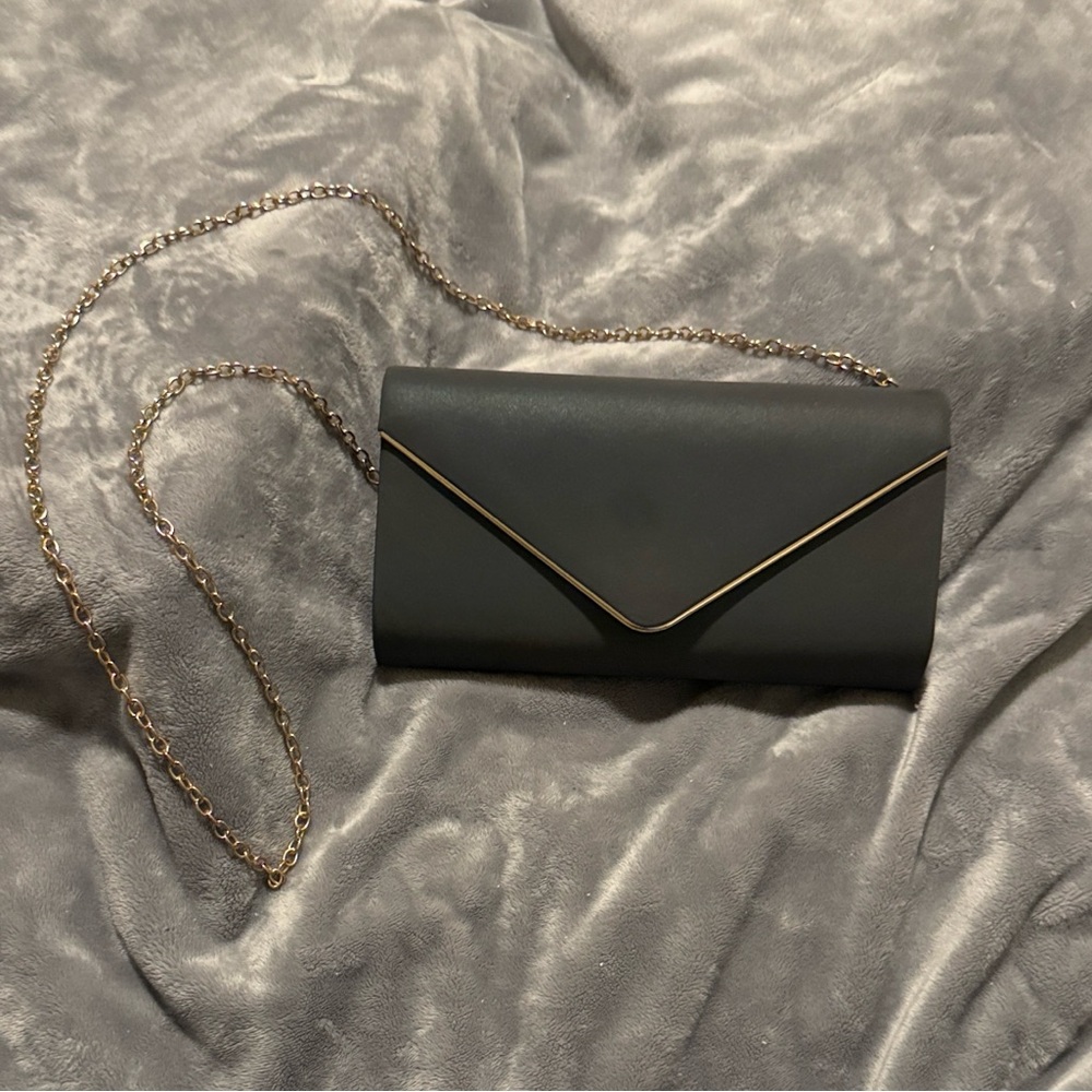 Black Iridescent Envelope Clutch With Removable Gold Chain Strap